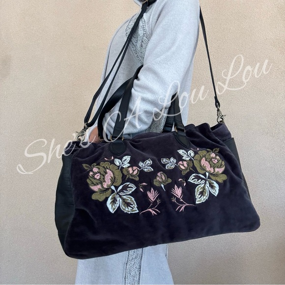FREE PEOPLE Duchess Velvet/Lamb Leather Floral Embroidery Weekender Bag in Black - Picture 1 of 10